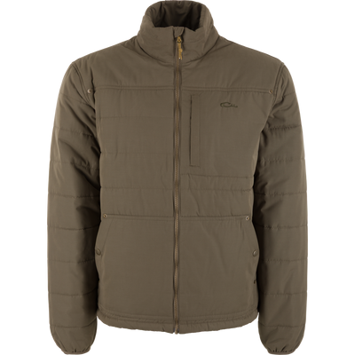 Delta Featherless Down Jacket on mannequin, featuring quilted design, stand-up collar, zip-chest pocket, elasticized cuffs, and adjustable hem for outdoor weather protection.