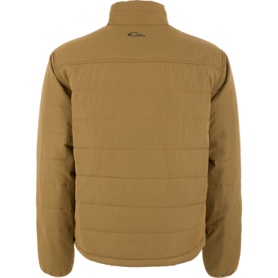 Delta Featherless Down Jacket on mannequin, showcasing quilted back, stand-up collar, and elastic cuffs, designed with premium insulation and weather-resistant features for outdoor versatility.