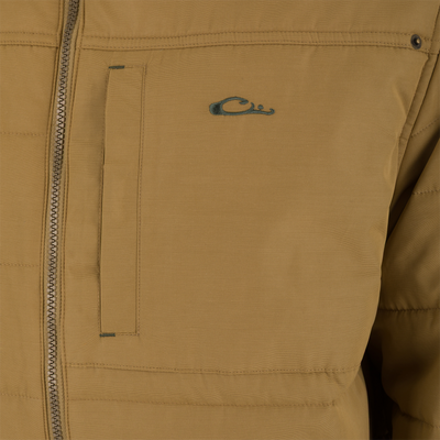 Delta Featherless Down Jacket close-up showing metal-tooth zipper, flap chest pocket, and embroidered wave logo, highlighting its outdoor-ready, weather-resistant design and premium insulation features.