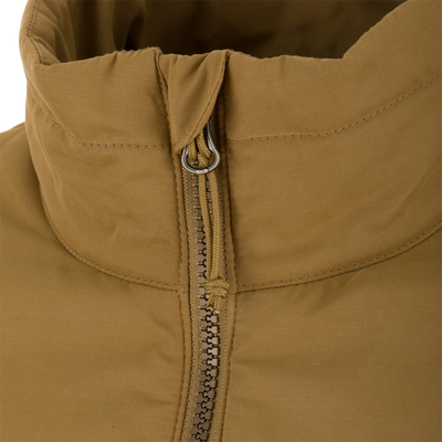Close-up of Delta Featherless Down Jacket collar, showcasing the metal zipper with corded pull and detailed stitching, highlighting its outdoor-ready, weather-resistant design.
