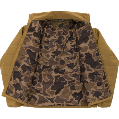 Delta Featherless Down Jacket featuring a tan-brown shell with camo lining, showcasing a C. Drake label, designed for outdoor activities with premium insulation and weather protection.