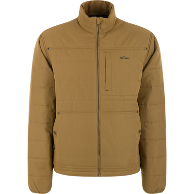 Delta Featherless Down Jacket, a quilted puffer with stand-up collar, zippered chest pocket, snap hand pockets, ideal for outdoor activities with weather-resistant features.