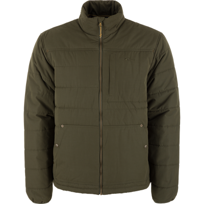 Delta Featherless Down Jacket on mannequin, showcasing quilted design with elastic cuffs, chest pocket, and adjustable hem, ideal for outdoor activities with premium insulation.
