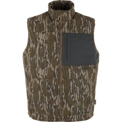Delta Featherless Down Vest with a tiger-stripe camouflage pattern, features a full-length zipper, Magnattach™ chest pocket, and adjustable hem for optimal outdoor performance.