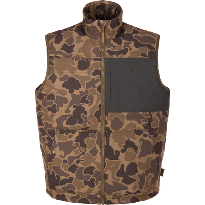 Delta Featherless Down Vest features a brown camo print, high zip collar, contrasting chest pocket, and snap-closure hand pockets, ideal for versatile outdoor wear.