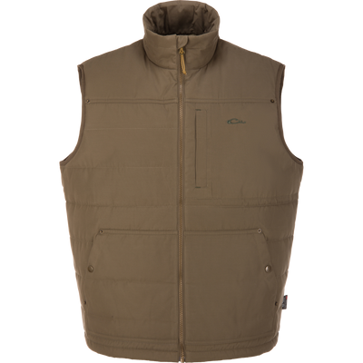 Delta Featherless Down Vest in olive-brown, featuring quilted panels, a high collar, full zipper, and snap hip pockets; designed for lightweight warmth and outdoor wear.