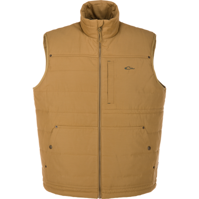 Delta Featherless Down Vest: quilted, insulated puffer vest with stand-up collar, zipper closure, snap-flap pockets, and logo, designed for lightweight warmth and outdoor performance.