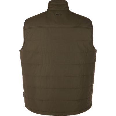 Back view of the Delta Featherless Down Vest on a white mannequin, showcasing its quilted design and adjustable hem, ideal for outdoor activities.