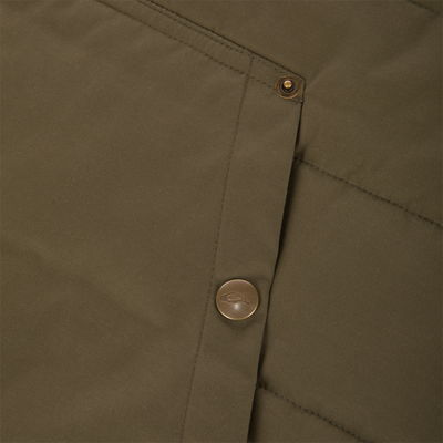 Close-up of Delta Featherless Down Vest's olive-green twill fabric with reinforced stitching and brass snap, highlighting durability for outdoor activities.
