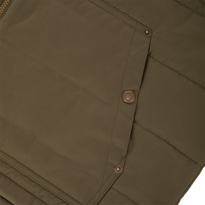 Delta Featherless Down Vest detail showing olive-green canvas, pocket flap with brass snap, precise stitching, and zipper edge, highlighting its durable, functional design for outdoor versatility.