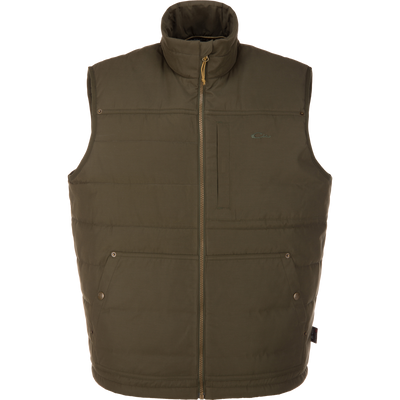 Delta Featherless Down Vest, an olive-green quilted sleeveless vest, features a high collar, full-length zipper, zip chest pocket, and snap waist pockets for outdoor versatility.