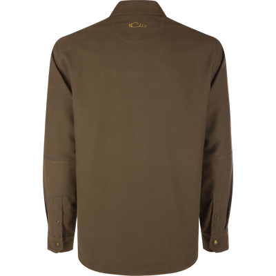 Back view of the Delta Moleskin Shirt Jacket on a mannequin, showcasing its solid olive-brown color, collar, embroidered logo, buttoned cuffs, and rounded hem.
