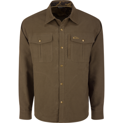 Delta Moleskin Shirt Jacket showcasing rugged design with button-up front, snap-flap chest pockets, and reinforced forearms, ideal for outdoor adventures and hunting.