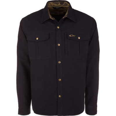 Delta Moleskin Shirt Jacket in dark navy, featuring pointed collar, two flap chest pockets, brass-tone snap buttons, and durable moleskin material for outdoor performance.