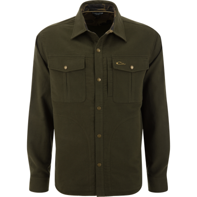 Delta Moleskin Shirt Jacket with turn-down collar, snap-front branded “DRAKE,” and button-flap chest pockets, designed for rugged outdoor use and superior windproof protection.