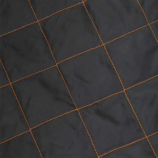 Close-up of black fabric with an orange grid pattern from the Campfire Canvas Bomber Jacket by Lifestyle, featuring evenly spaced diagonal orange stitching forming squares across the material.