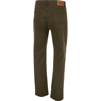 Back view of olive green Wingshooter Twill 5 Pocket Pant with a leather logo patch on the back waistband.