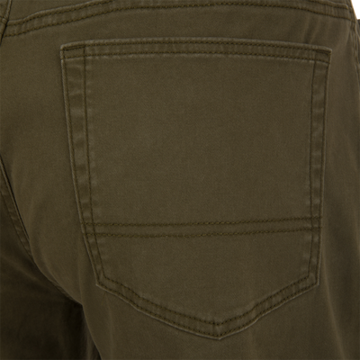 Close-up of the back pocket on olive green Wingshooter Twill 5 Pocket Pant.