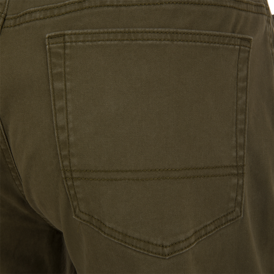 Close-up of the back pocket on olive green Wingshooter Twill 5 Pocket Pant.