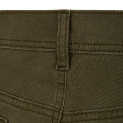 Close-up of the waistband and a belt loop on olive green Lifestyle Wingshooter Twill 5 Pocket Pant, featuring visible stitching.