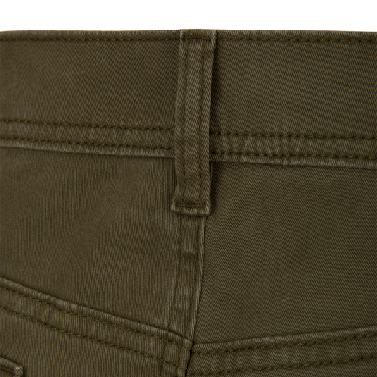 Close-up of the waistband and a belt loop on olive green Lifestyle Wingshooter Twill 5 Pocket Pant, featuring visible stitching.