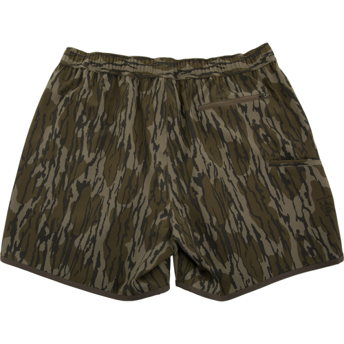 Lake Shore Shorty Short with tiger-stripe camouflage, elastic waistband, zip-up pocket, and brown piping, ideal for water activities and mobility.