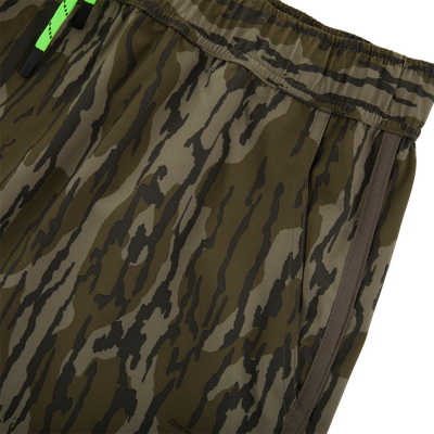 Camouflage-print Lake Shore Shorty Short with elastic waistband, neon-green drawcord, side-seam pocket, and water-repellent finish for active water adventures.
