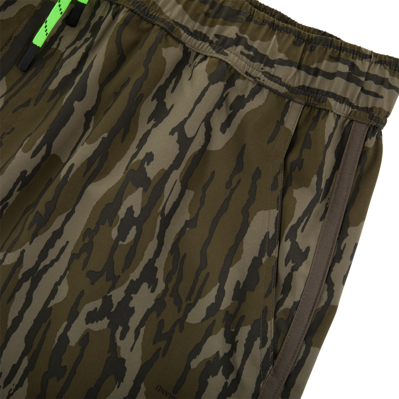 Camouflage-print Lake Shore Shorty Short with elastic waistband, neon-green drawcord, side-seam pocket, and water-repellent finish for active water adventures.