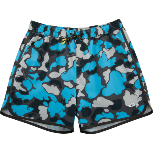 Lake Shore Shorty Short with blue-gray camouflage, elastic waistband, drawstring, and pockets, designed for comfort and mobility in water activities.