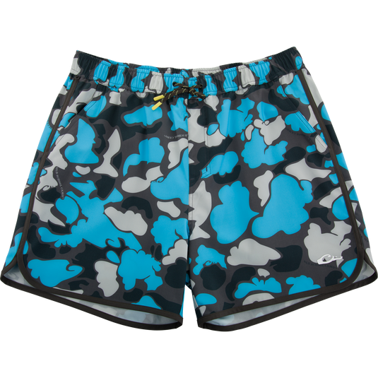 Lake Shore Shorty Short with blue-gray camouflage, elastic waistband, drawstring, and pockets, designed for comfort and mobility in water activities.
