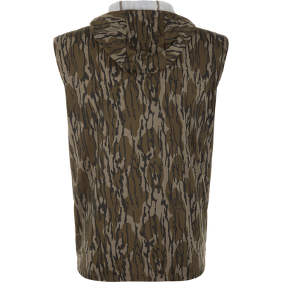 Lake Shore Performance Sleeveless Hoodie T-Shirt in camouflage pattern on mannequin, showcasing its lightweight, moisture-wicking fabric and UPF 50 sun protection for outdoor activities.