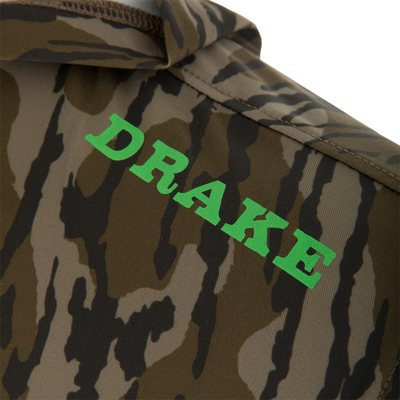 Close-up of the Lake Shore Performance Sleeveless Hoodie T-Shirt featuring a camouflage pattern with DRAKE in neon-green, highlighting its cooling and moisture-wicking technology.
