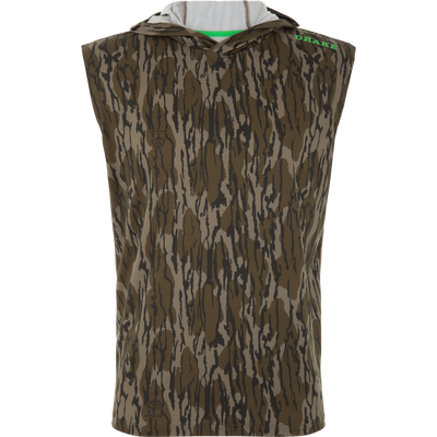 Lake Shore Performance Sleeveless Hoodie T-Shirt displayed on a mannequin, featuring a camo pattern and DRAKE logo, designed for cooling and sun protection.