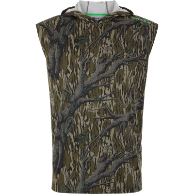 Lake Shore Performance Sleeveless Hoodie T-Shirt featuring tree-bark camouflage, hood, and Drake branding; designed for cooling, sun protection, and moisture-wicking.