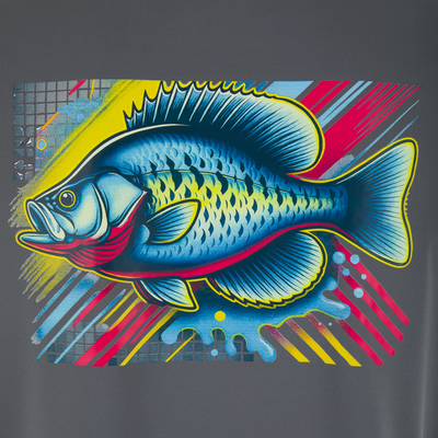 Lake Shore Performance Sleeveless Hoodie T-Shirt features a pop-art fish design with geometric elements, ideal for active outdoor wear with cooling and sun protection technology.