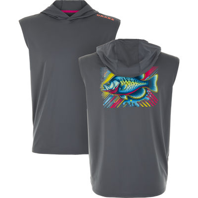 Lake Shore Performance Sleeveless Hoodie T-Shirt featuring a charcoal-gray design with Drake branding and a multicolored fish graphic, ideal for active, sun-protected comfort.
