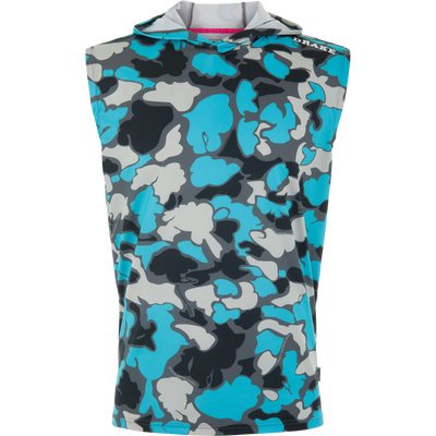 Lake Shore Performance Sleeveless Hoodie T-Shirt with camouflage design, featuring a pink-lined hood, offers moisture-wicking, cooling technology, and UPF 50 protection.