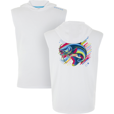 Lake Shore Performance Sleeveless Hoodie T-Shirt showcases a plain front and a vibrant leaping catfish design on the back, perfect for fishing and outdoor activities.