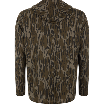 Lake Shore Performance Long Sleeve Hoodie in “Bottomland” camo, showcasing its lightweight, moisture-wicking fabric and UPF 50 protection, ideal for active outdoor pursuits.