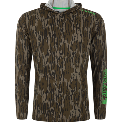 Lake Shore Performance Long Sleeve Hoodie features a Bottomland camouflage pattern, with Drake logo on the shoulder, offering cooling, sun protection, and moisture-wicking for active use.