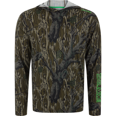 Lake Shore Performance Long Sleeve Hoodie in treestand camo with DRAKE on the sleeve, featuring cooling technology, UPF 50, and moisture-wicking fabric.