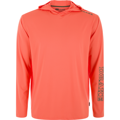 Lake Shore Performance Long Sleeve Hoodie with Drake logo, featuring cooling technology and UPF 50 protection, designed for active outdoor comfort.