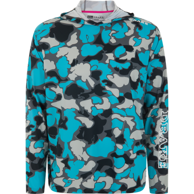 Lake Shore Performance Long Sleeve Hoodie with teal, gray, and black abstract camo, featuring DRAKE on sleeve; designed for cooling, sun protection, and moisture-wicking.