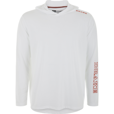 Lake Shore Performance Long Sleeve Hoodie on mannequin, featuring DRAKE text. Lightweight, moisture-wicking, with UPF 50 protection; ideal for active outdoor use.