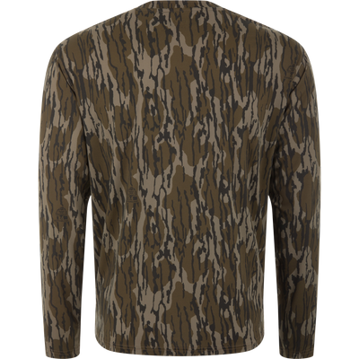Back view of the Lake Shore Performance Long Sleeve Crew, featuring a stick camo pattern, designed for outdoor activities with cooling, moisture-wicking, and sun protection properties.