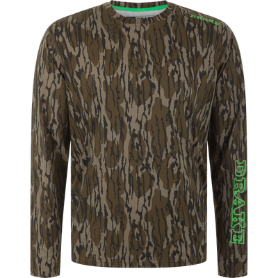 Lake Shore Performance Long Sleeve Crew, a camouflage hunting shirt with DRAKE branding, features moisture-wicking, quick-drying fabric and UPF 50 sun protection.