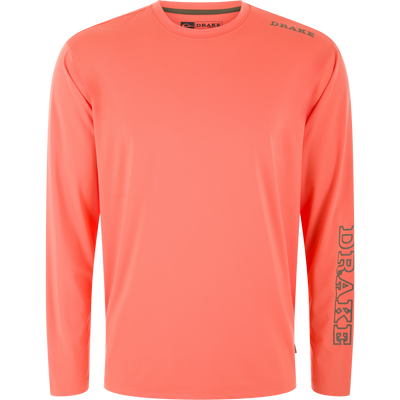 Lake Shore Performance Long Sleeve Crew in coral with DRAKE on shoulder and sleeve, featuring moisture-wicking fabric and UPF 50 protection, ideal for outdoor activities.