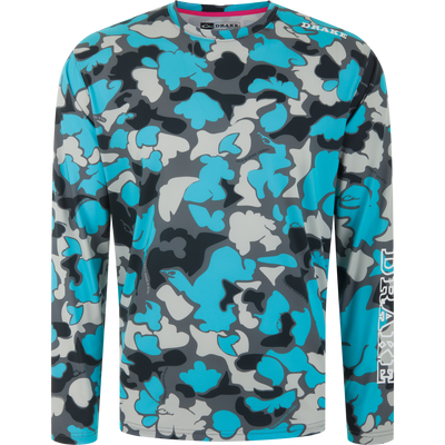 Lake Shore Performance Long Sleeve Crew with aqua camo pattern, Drake logo on sleeve, lightweight, moisture-wicking fabric ideal for outdoor activities like fishing.