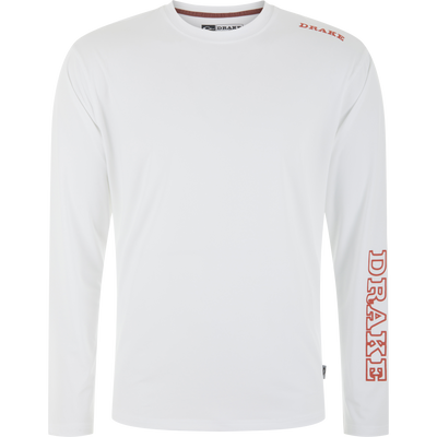 Lake Shore Performance Long Sleeve Crew with DRAKE on shoulder and sleeve, featuring cooling technology and sun protection, ideal for active outdoor pursuits.