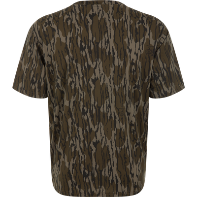 Lake Shore Performance Short Sleeve Crew T-Shirt with abstract woodland pattern, featuring cooling technology and UPF 50 protection, ideal for outdoor and hunting activities.